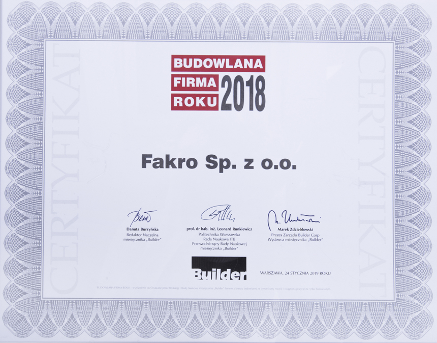 FAKRO Budowlaną Firmą Roku 2018