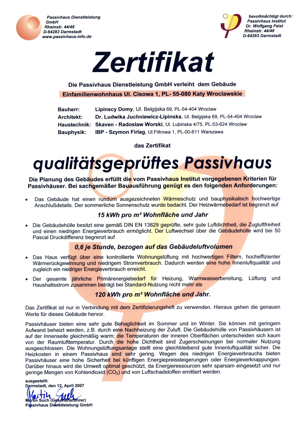 Certyfikat Instytutu Budynków Pasywnych w Darmstadt